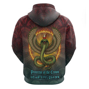 Egyptian Wadjet Winged Cobra Zip Hoodie with Eye of Horus in Fiery Royal Protector Theme