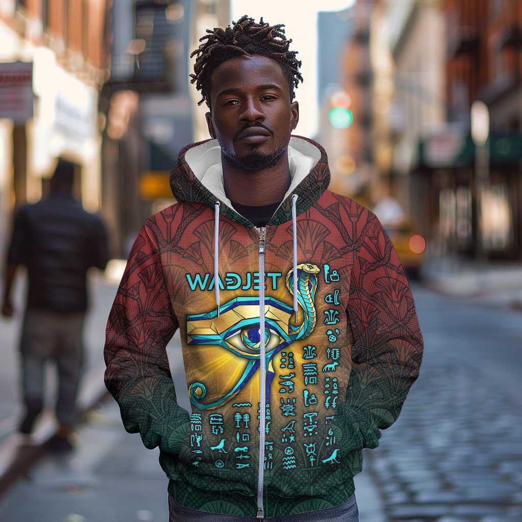 Egyptian Wadjet Winged Cobra Zip Hoodie with Eye of Horus in Fiery Royal Protector Theme