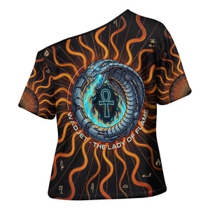 Wadjet Fiery Serpent Cross Shoulder Shirt Egyptian Ankh Symbol in Dark Flame Protector Theme
