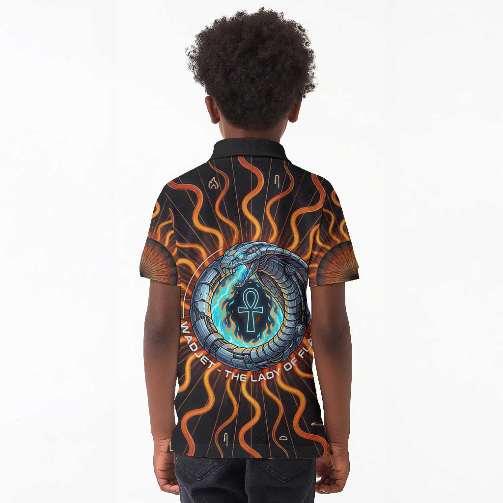 Wadjet Fiery Serpent Kid Polo Shirt Egyptian Ankh Symbol in Dark Flame Protector Theme