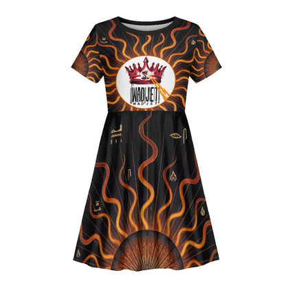 Wadjet Fiery Serpent Kid Short Sleeve Dress Egyptian Ankh Symbol in Dark Flame Protector Theme