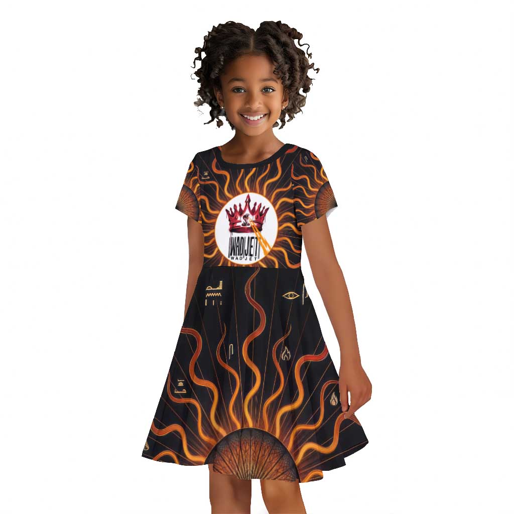 Wadjet Fiery Serpent Kid Short Sleeve Dress Egyptian Ankh Symbol in Dark Flame Protector Theme