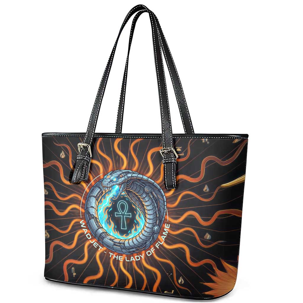 Wadjet Fiery Serpent Leather Tote Bag Egyptian Ankh Symbol in Dark Flame Protector Theme