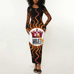 Wadjet Fiery Serpent Long Sleeve Bodycon Dress Egyptian Ankh Symbol in Dark Flame Protector Theme