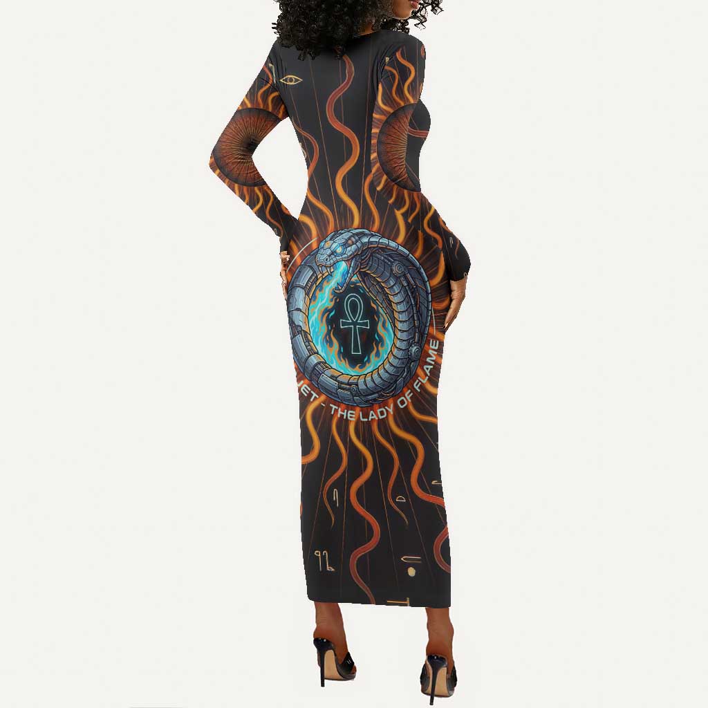 Wadjet Fiery Serpent Long Sleeve Bodycon Dress Egyptian Ankh Symbol in Dark Flame Protector Theme