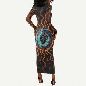 Wadjet Fiery Serpent Long Sleeve Bodycon Dress Egyptian Ankh Symbol in Dark Flame Protector Theme