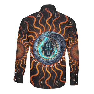Wadjet Fiery Serpent Long Sleeve Button Shirt Egyptian Ankh Symbol in Dark Flame Protector Theme