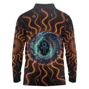Wadjet Fiery Serpent Long Sleeve Polo Shirt Egyptian Ankh Symbol in Dark Flame Protector Theme