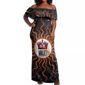 Wadjet Fiery Serpent Off Shoulder Maxi Dress Egyptian Ankh Symbol in Dark Flame Protector Theme