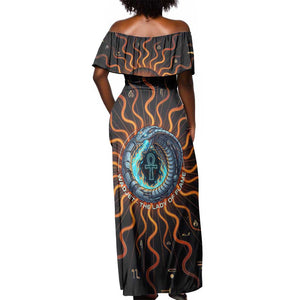 Wadjet Fiery Serpent Off Shoulder Maxi Dress Egyptian Ankh Symbol in Dark Flame Protector Theme