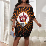 Wadjet Fiery Serpent Off Shoulder Short Dress Egyptian Ankh Symbol in Dark Flame Protector Theme