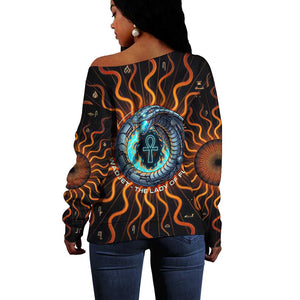 Wadjet Fiery Serpent Off Shoulder Sweater Egyptian Ankh Symbol in Dark Flame Protector Theme