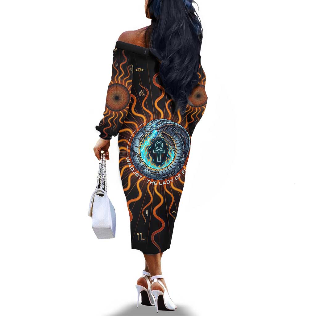 Wadjet Fiery Serpent Off The Shoulder Long Sleeve Dress Egyptian Ankh Symbol in Dark Flame Protector Theme
