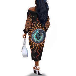 Wadjet Fiery Serpent Off The Shoulder Long Sleeve Dress Egyptian Ankh Symbol in Dark Flame Protector Theme
