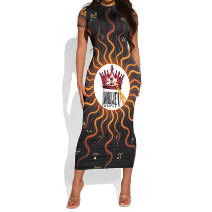 Wadjet Fiery Serpent Short Sleeve Bodycon Dress Egyptian Ankh Symbol in Dark Flame Protector Theme