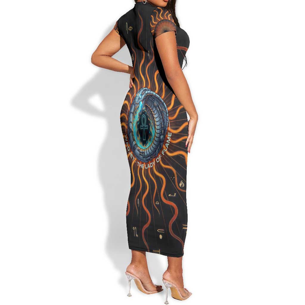 Wadjet Fiery Serpent Short Sleeve Bodycon Dress Egyptian Ankh Symbol in Dark Flame Protector Theme