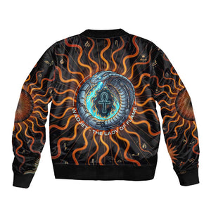Wadjet Fiery Serpent Sleeve Zip Bomber Jacket Egyptian Ankh Symbol in Dark Flame Protector Theme