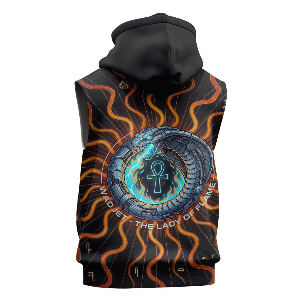 Wadjet Fiery Serpent Sleeveless Hoodie Egyptian Ankh Symbol in Dark Flame Protector Theme