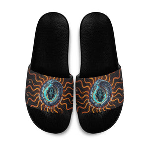 Wadjet Fiery Serpent Slide Sandals Egyptian Ankh Symbol in Dark Flame Protector Theme
