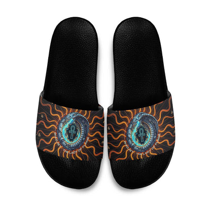 Wadjet Fiery Serpent Slide Sandals Egyptian Ankh Symbol in Dark Flame Protector Theme
