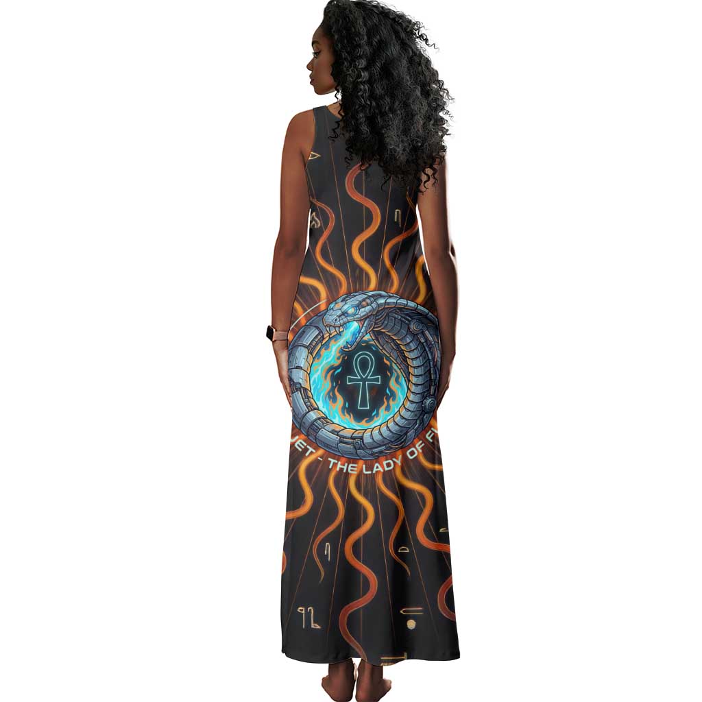 Wadjet Fiery Serpent Tank Maxi Dress Egyptian Ankh Symbol in Dark Flame Protector Theme