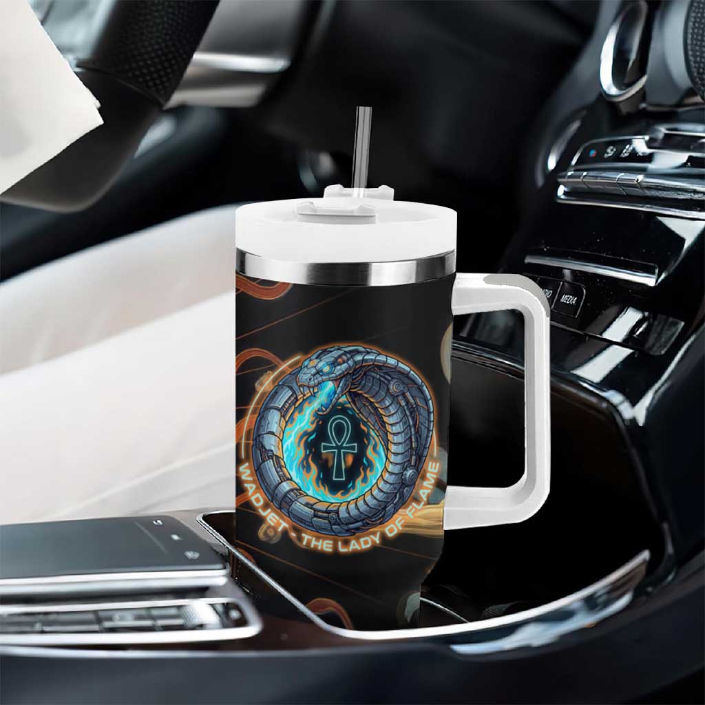 Wadjet Fiery Serpent Tumbler With Handle Egyptian Ankh Symbol in Dark Flame Protector Theme