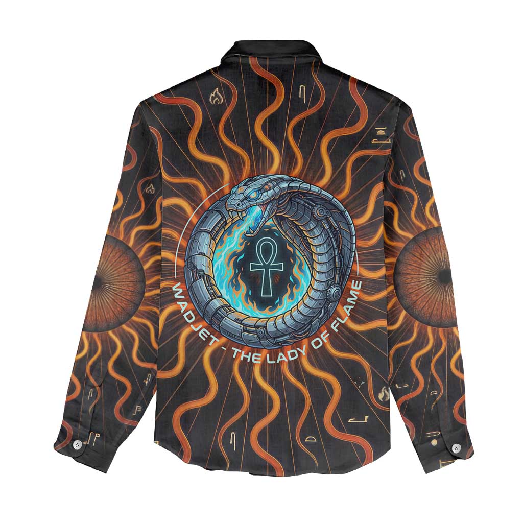 Wadjet Fiery Serpent Women Casual Shirt Egyptian Ankh Symbol in Dark Flame Protector Theme