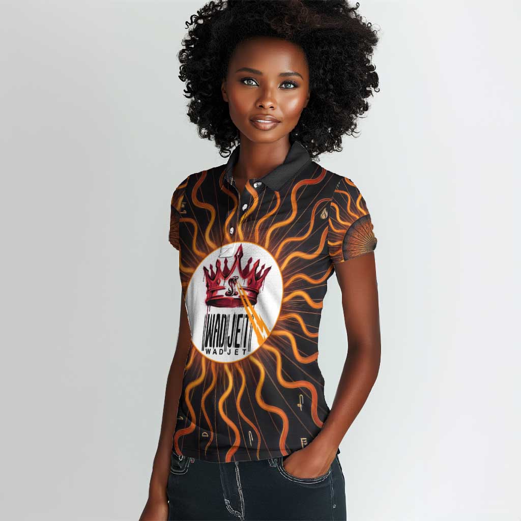 Wadjet Fiery Serpent Women Polo Shirt Egyptian Ankh Symbol in Dark Flame Protector Theme