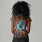 Wadjet Fiery Serpent Women V-Neck T-Shirt Egyptian Ankh Symbol in Dark Flame Protector Theme