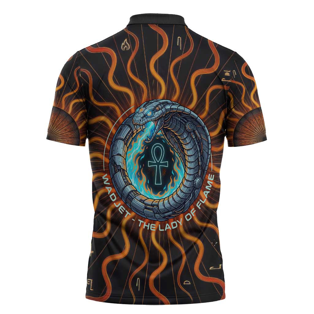 Wadjet Fiery Serpent Zipper Polo Shirt Egyptian Ankh Symbol in Dark Flame Protector Theme