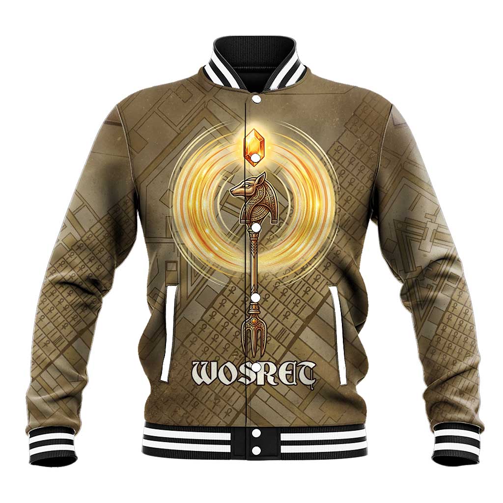 Wosret Egyptian Baseball Jacket with Golden Scepter and Archer Motif in ...