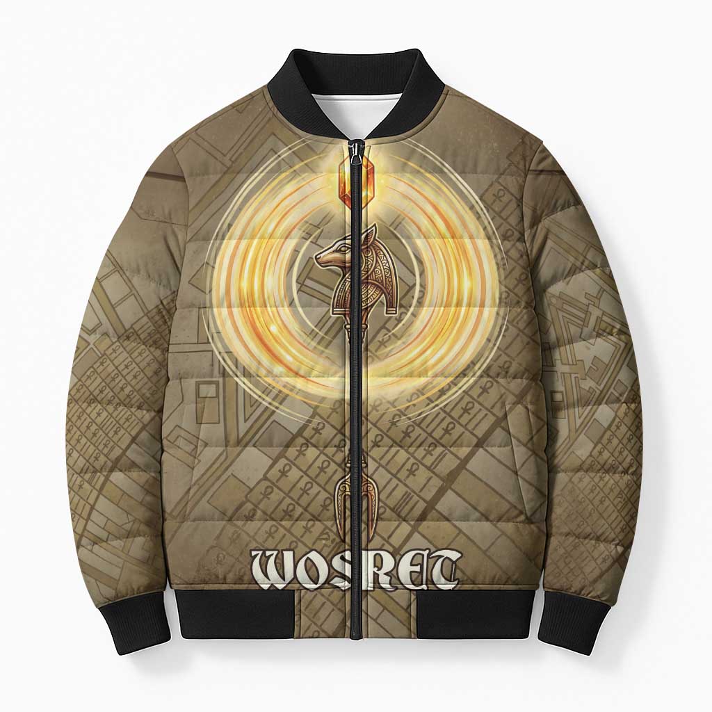 Wosret Egyptian Bomber Puffer Jacket with Golden Scepter and Archer ...