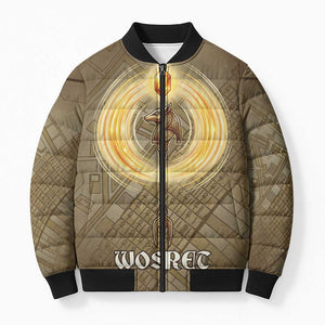 Wosret Egyptian Bomber Puffer Jacket with Golden Scepter and Archer Motif in Ancient Protector