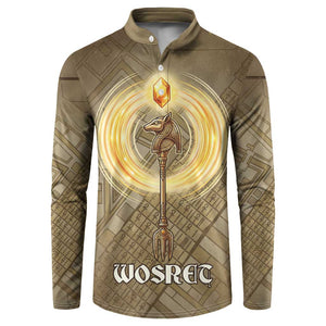 Wosret Egyptian Button Sweatshirt with Golden Scepter and Archer Motif in Ancient Protector