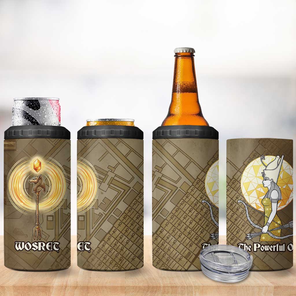 Wosret Egyptian 4 in 1 Can Cooler Tumbler with Golden Scepter and Archer Motif in Ancient Protector