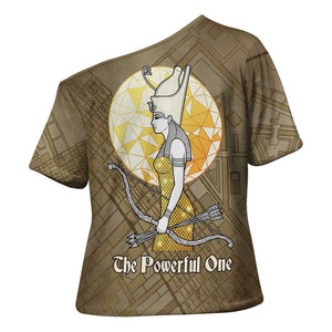 Wosret Egyptian Cross Shoulder Shirt with Golden Scepter and Archer Motif in Ancient Protector