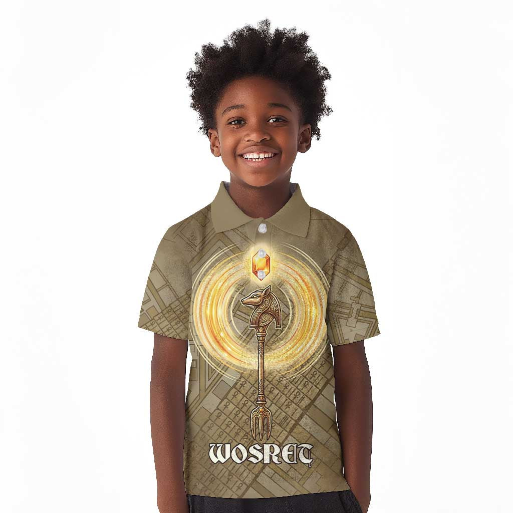 Wosret Egyptian Kid Polo Shirt with Golden Scepter and Archer Motif in Ancient Protector