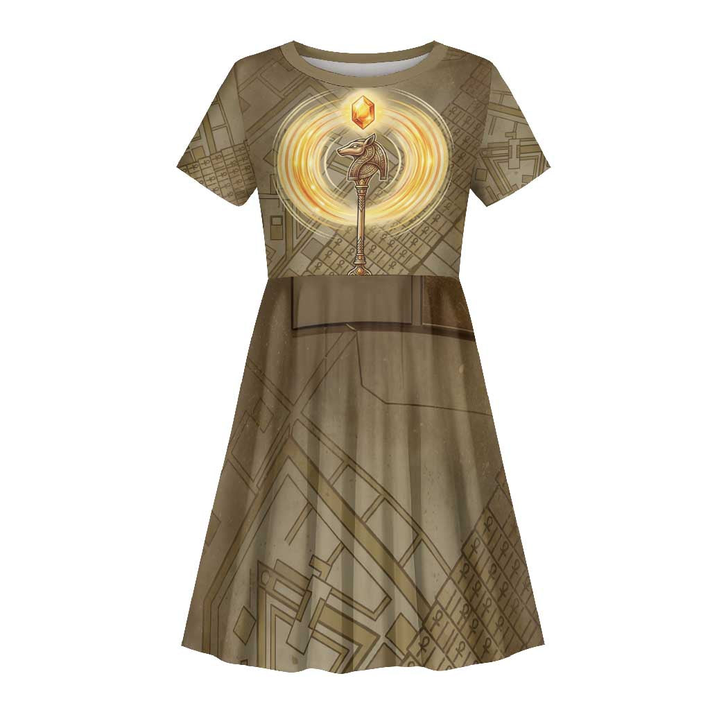 Wosret Egyptian Kid Short Sleeve Dress with Golden Scepter and Archer Motif in Ancient Protector