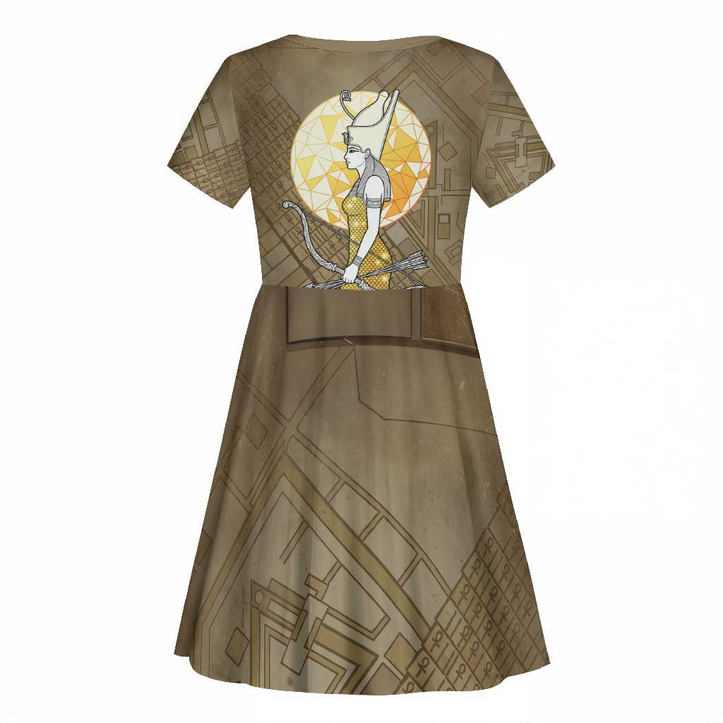 Wosret Egyptian Kid Short Sleeve Dress with Golden Scepter and Archer Motif in Ancient Protector