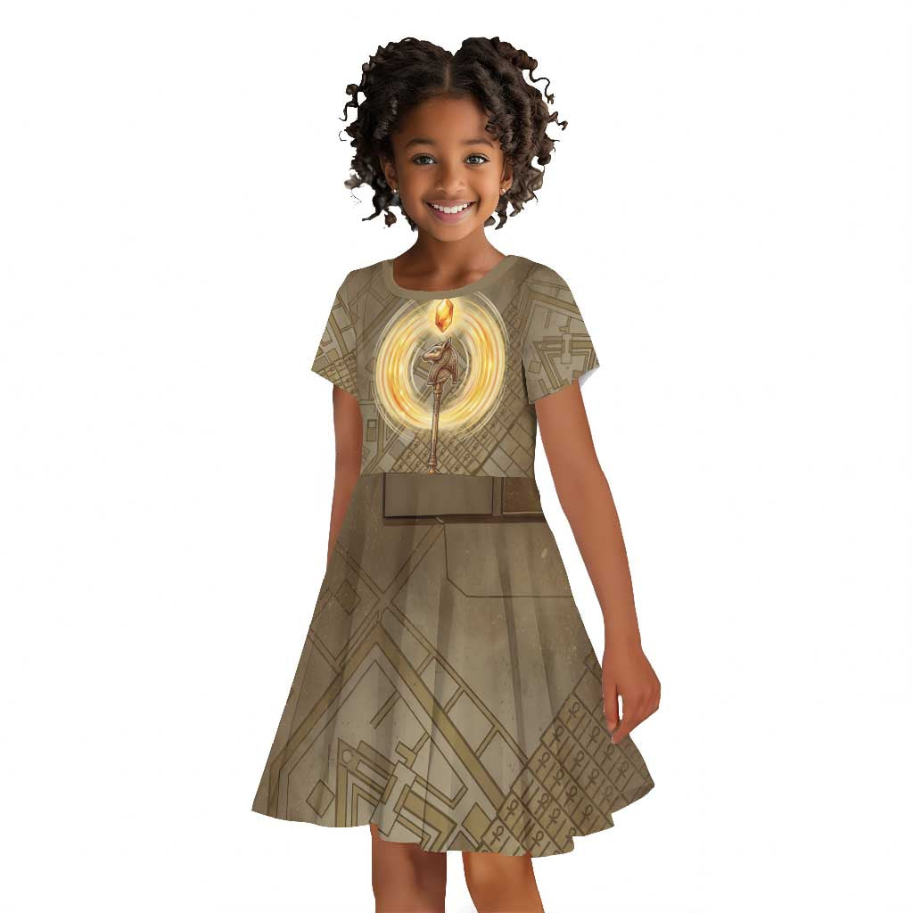 Wosret Egyptian Kid Short Sleeve Dress with Golden Scepter and Archer Motif in Ancient Protector