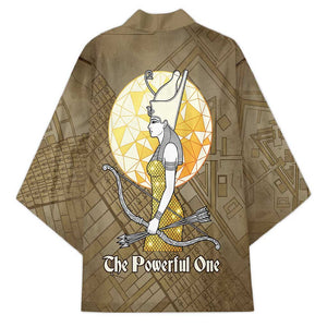 Wosret Egyptian Kimono with Golden Scepter and Archer Motif in Ancient Protector