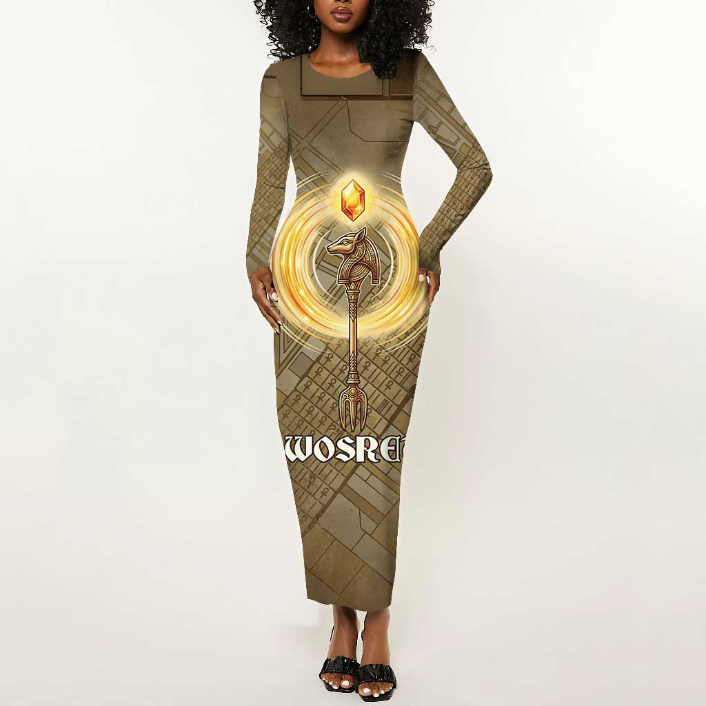 Wosret Egyptian Long Sleeve Bodycon Dress with Golden Scepter and ...
