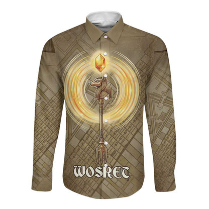 Wosret Egyptian Long Sleeve Button Shirt with Golden Scepter and Archer Motif in Ancient Protector