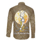 Wosret Egyptian Long Sleeve Button Shirt with Golden Scepter and Archer Motif in Ancient Protector