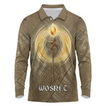 Wosret Egyptian Long Sleeve Polo Shirt with Golden Scepter and Archer Motif in Ancient Protector