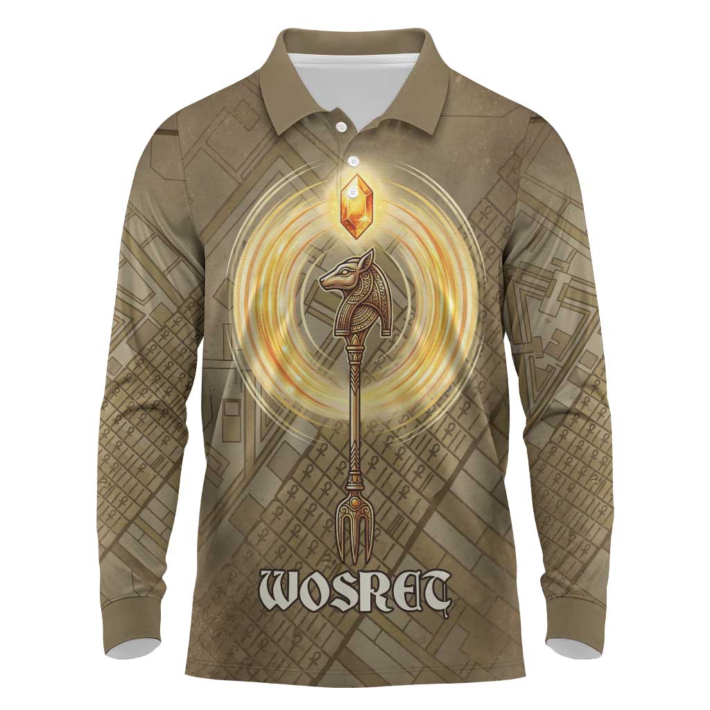Wosret Egyptian Long Sleeve Polo Shirt with Golden Scepter and Archer Motif in Ancient Protector