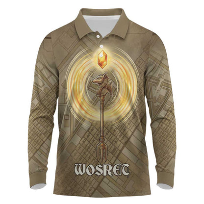 Wosret Egyptian Long Sleeve Polo Shirt with Golden Scepter and Archer Motif in Ancient Protector