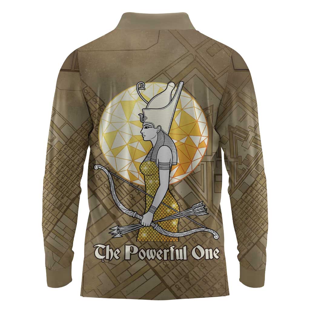 Wosret Egyptian Long Sleeve Polo Shirt with Golden Scepter and Archer Motif in Ancient Protector