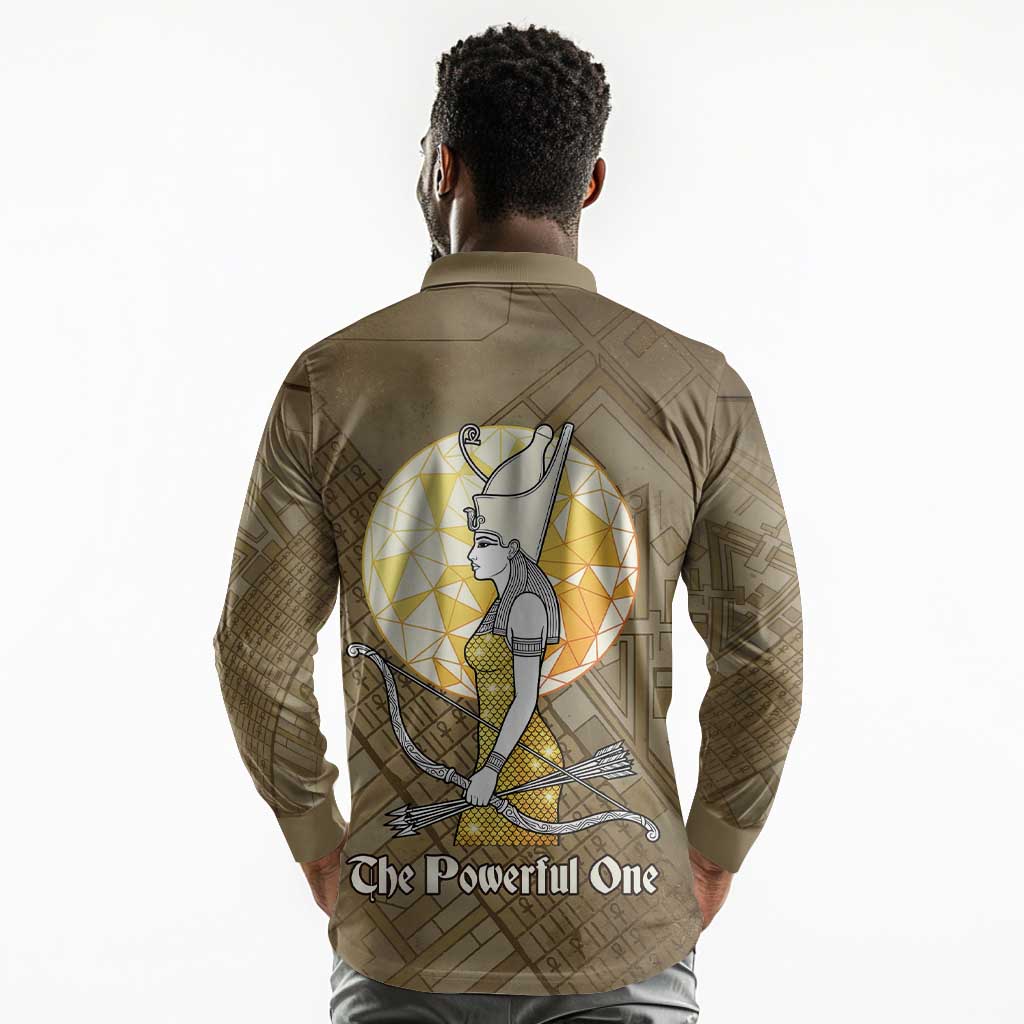 Wosret Egyptian Long Sleeve Polo Shirt with Golden Scepter and Archer Motif in Ancient Protector