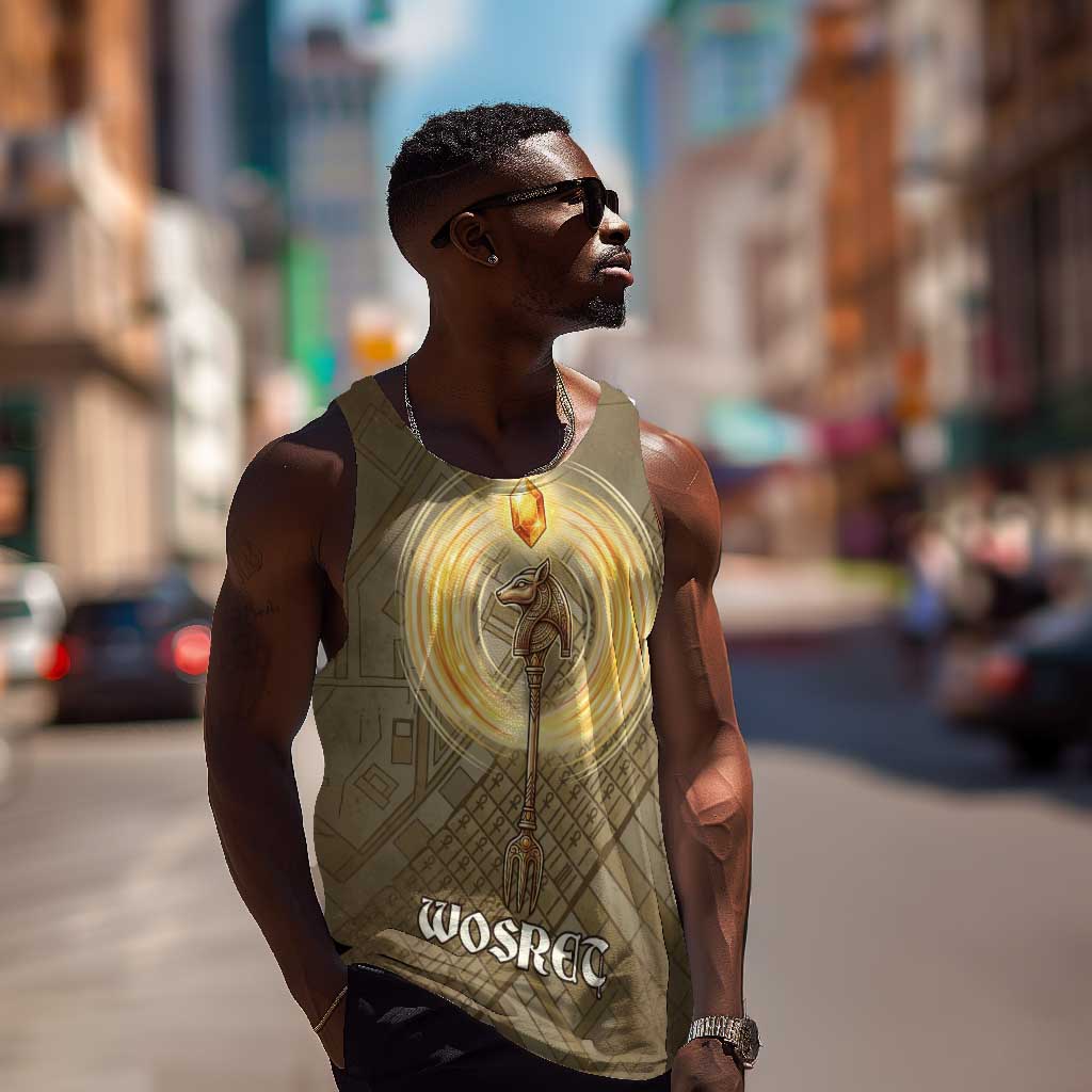 Wosret Egyptian Men Tank Top with Golden Scepter and Archer Motif in Ancient Protector